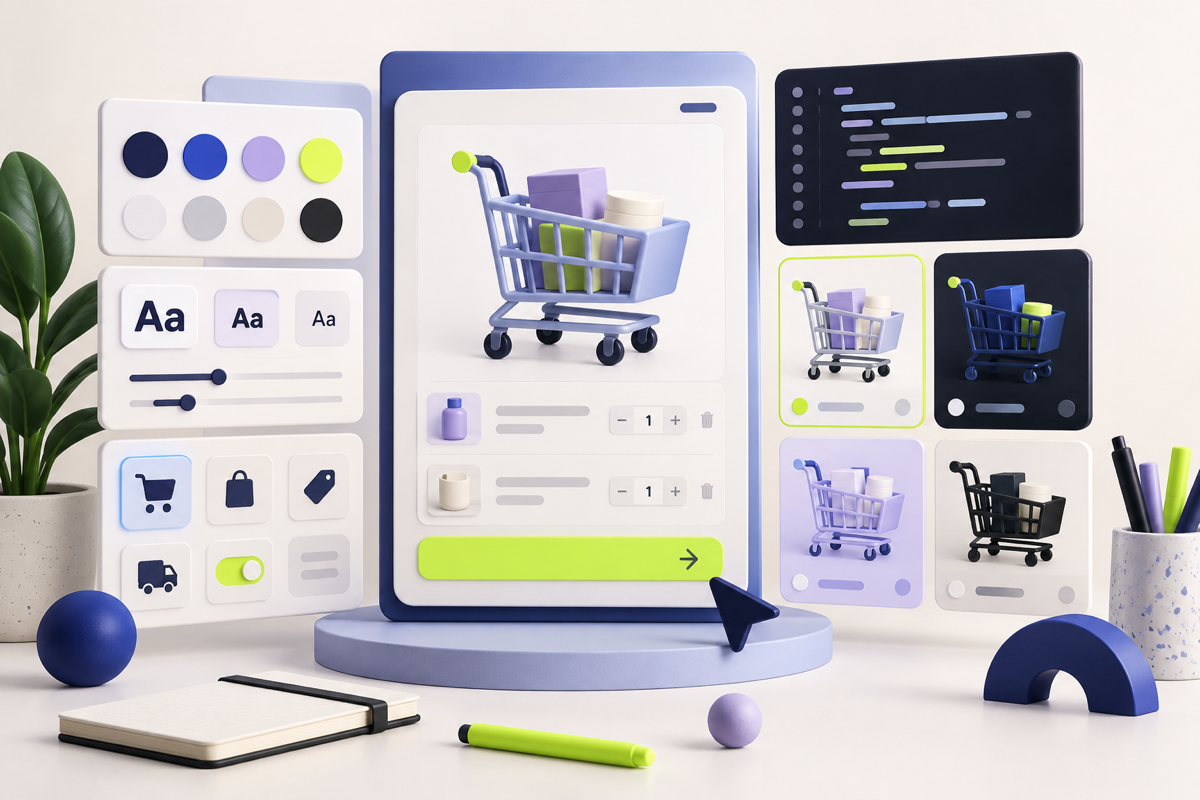 Cart preview beside a carefully scoped code styling panel
