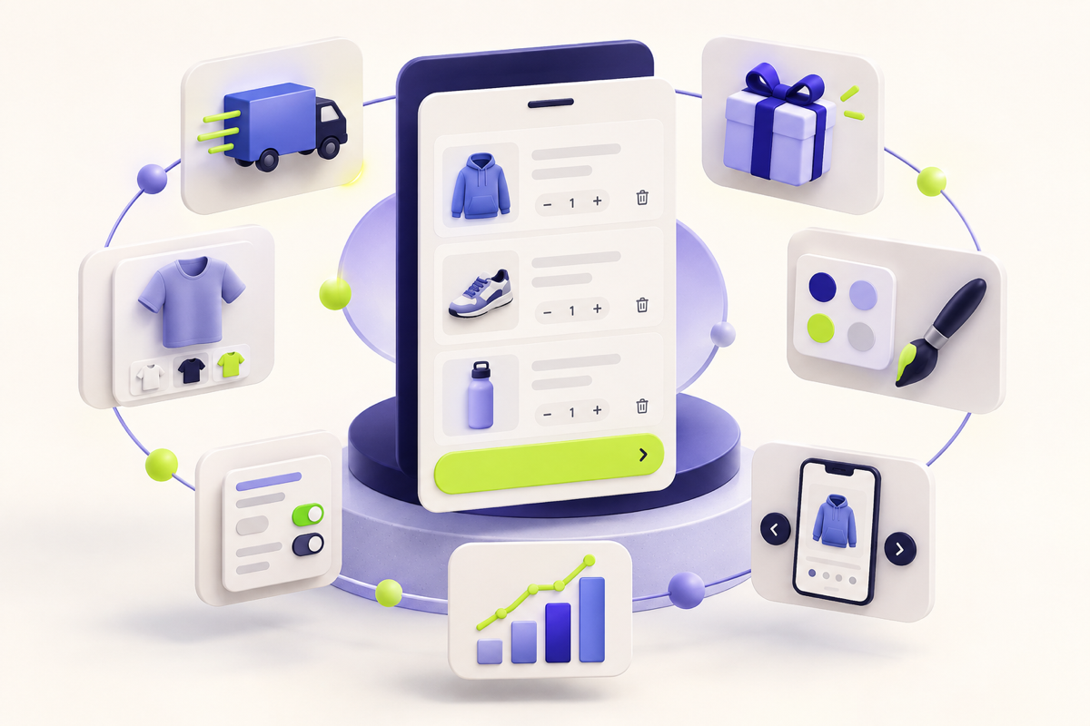 A modular cart ecosystem connecting gifts, shipping, design, mobile, and analytics