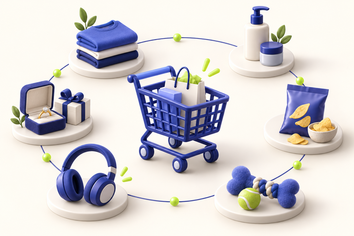 A shopping cart connected to distinct retail product categories